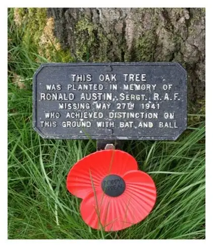 The cast iron plaque at the base of the oak tree, with a remembrance poppy: planted in memory of Ronald Austin, Sergt RAF, missing May 27th 1941