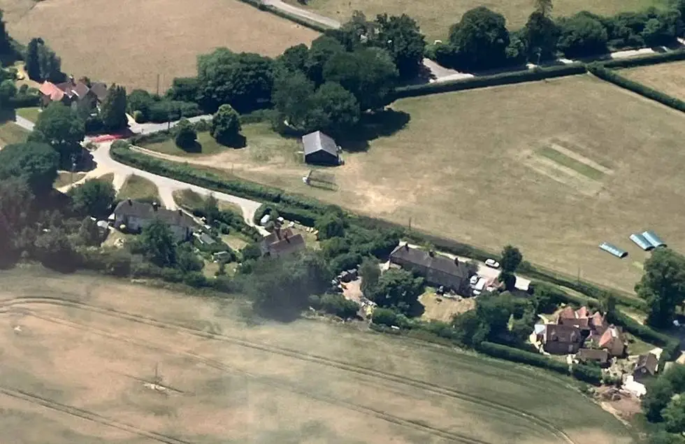 The Field of Dreams and Cookley Green from the air: the pavilion, the square and the hamlet among the fields