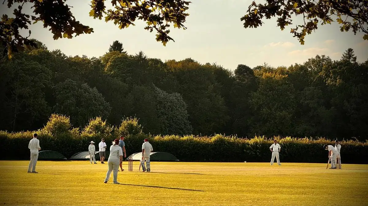 Evening sunlight across the Field of Dreams during a match, long shadows on the outfield