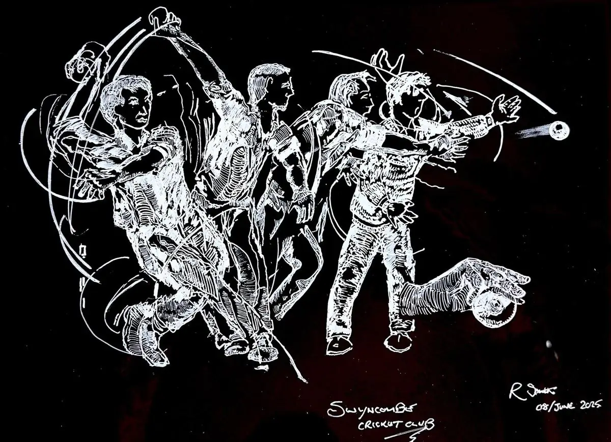 Local artist Rob Smith's white-on-black ink sketch of Swyncombe cricketers batting, bowling and fielding in motion, signed June 2025
